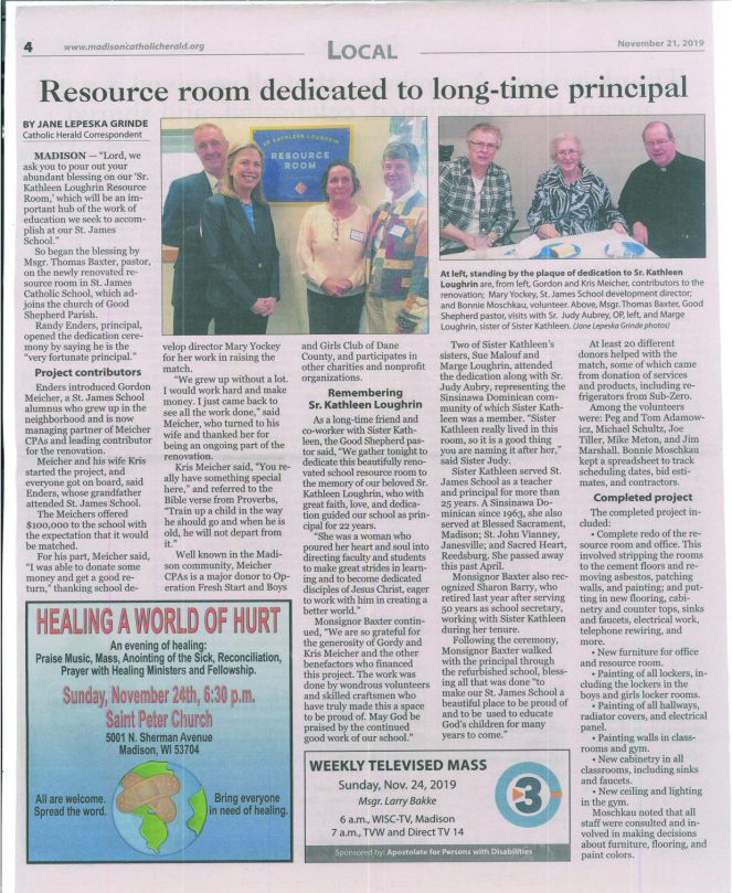 Article from the Madison Catholic Herald titled, "Resource room dedicated to long-time principal."